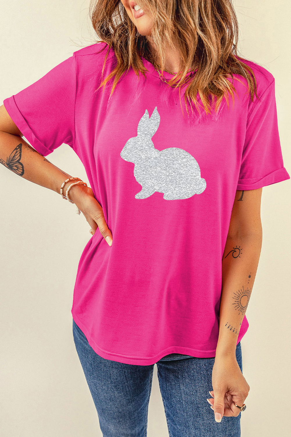 Rose Red Glitter Easter Bunny Graphic Crew Neck Tee - loveforevers