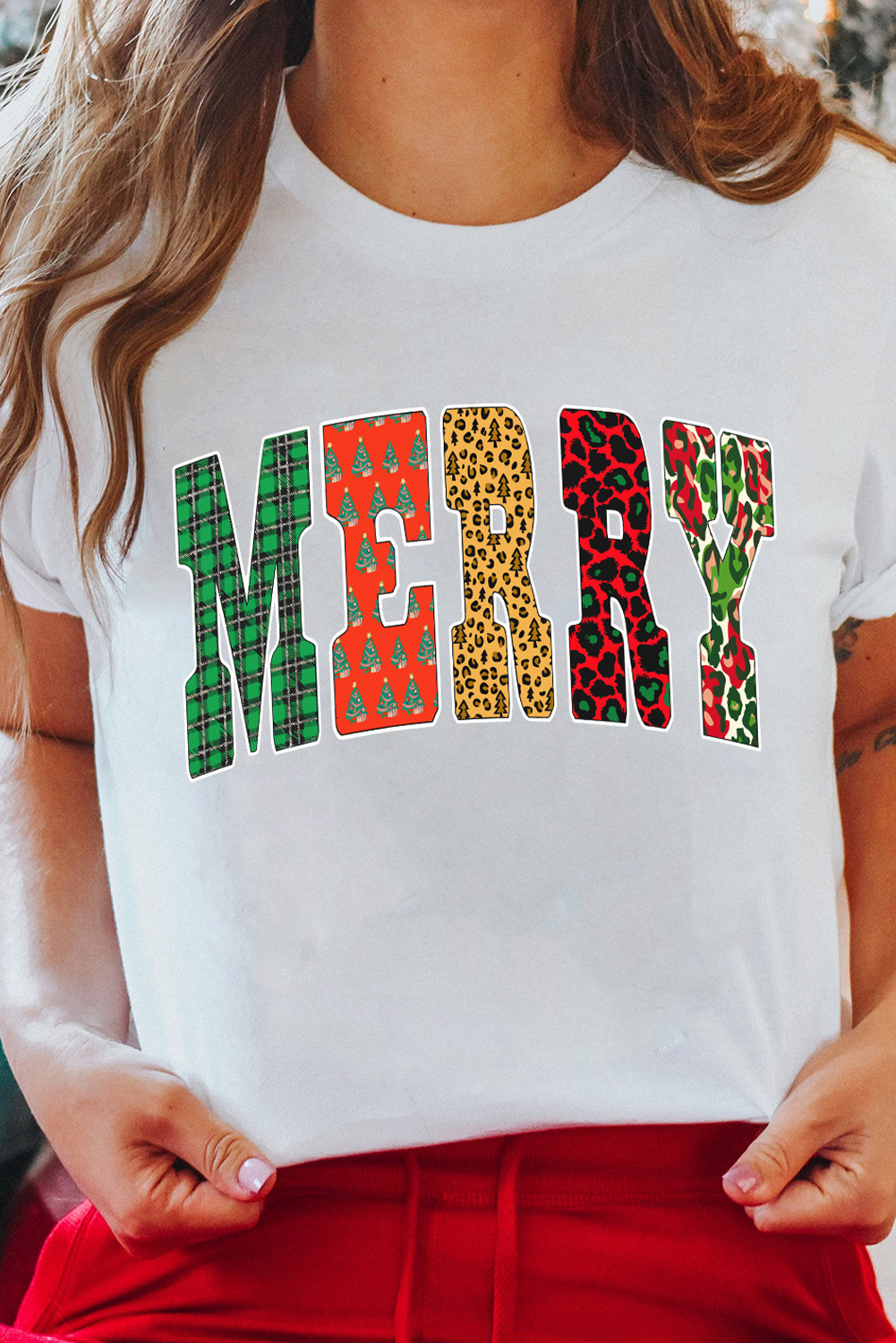 White Leopard Plaid Multi-pattern MERRY Letter Graphic Tee - loveforevers