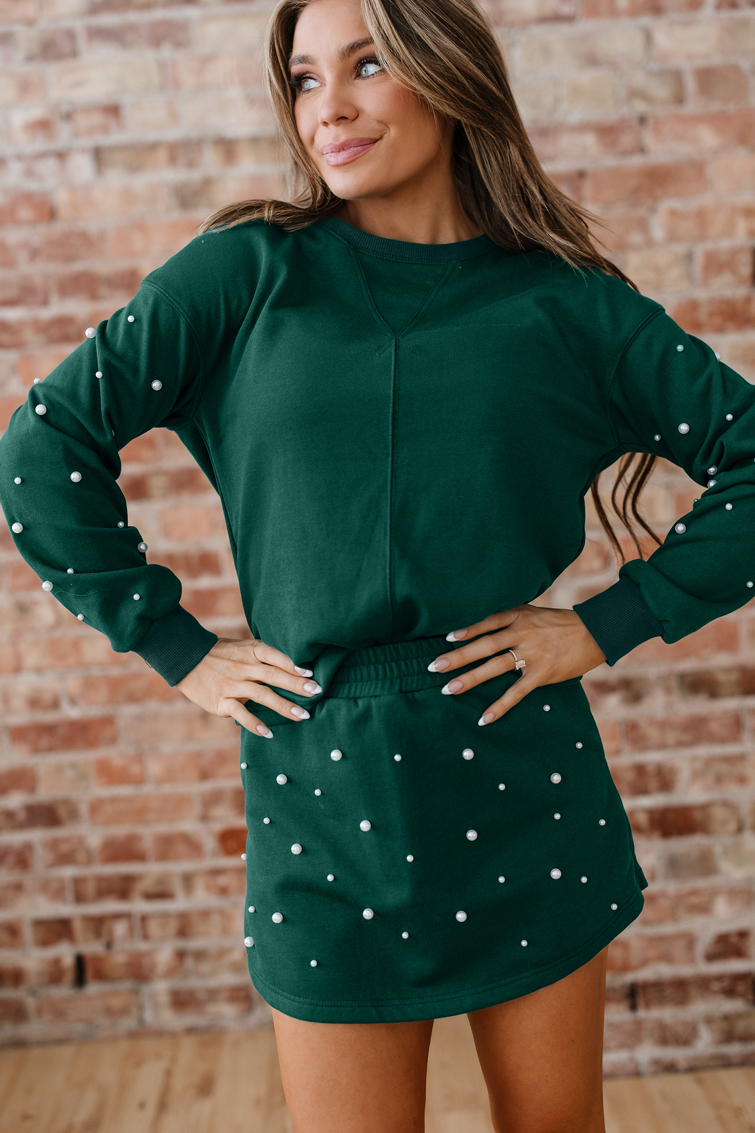 Dark Green Pearl Embellished Drop Shoulder Pullover Elastic Waist Mini Skirt Set - loveforevers