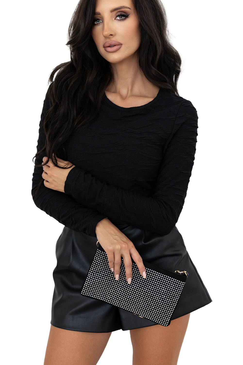 Black Solid Wavy Textured Slim Fit Long Sleeve T Shirt - loveforevers