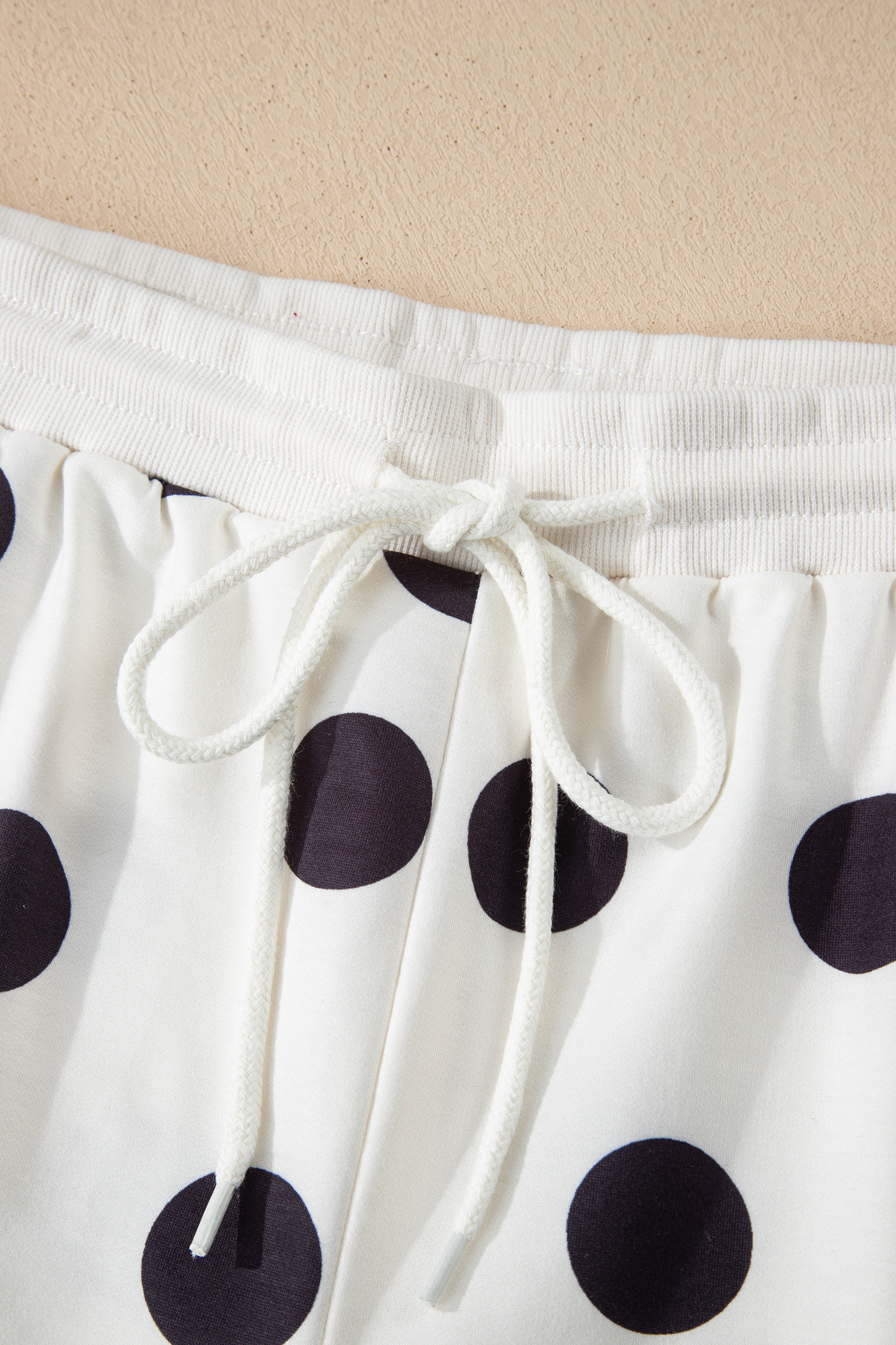Beige Polka Dot Print Drop Shoulder Pullover Drawstring Jogger Pant Set - loveforevers