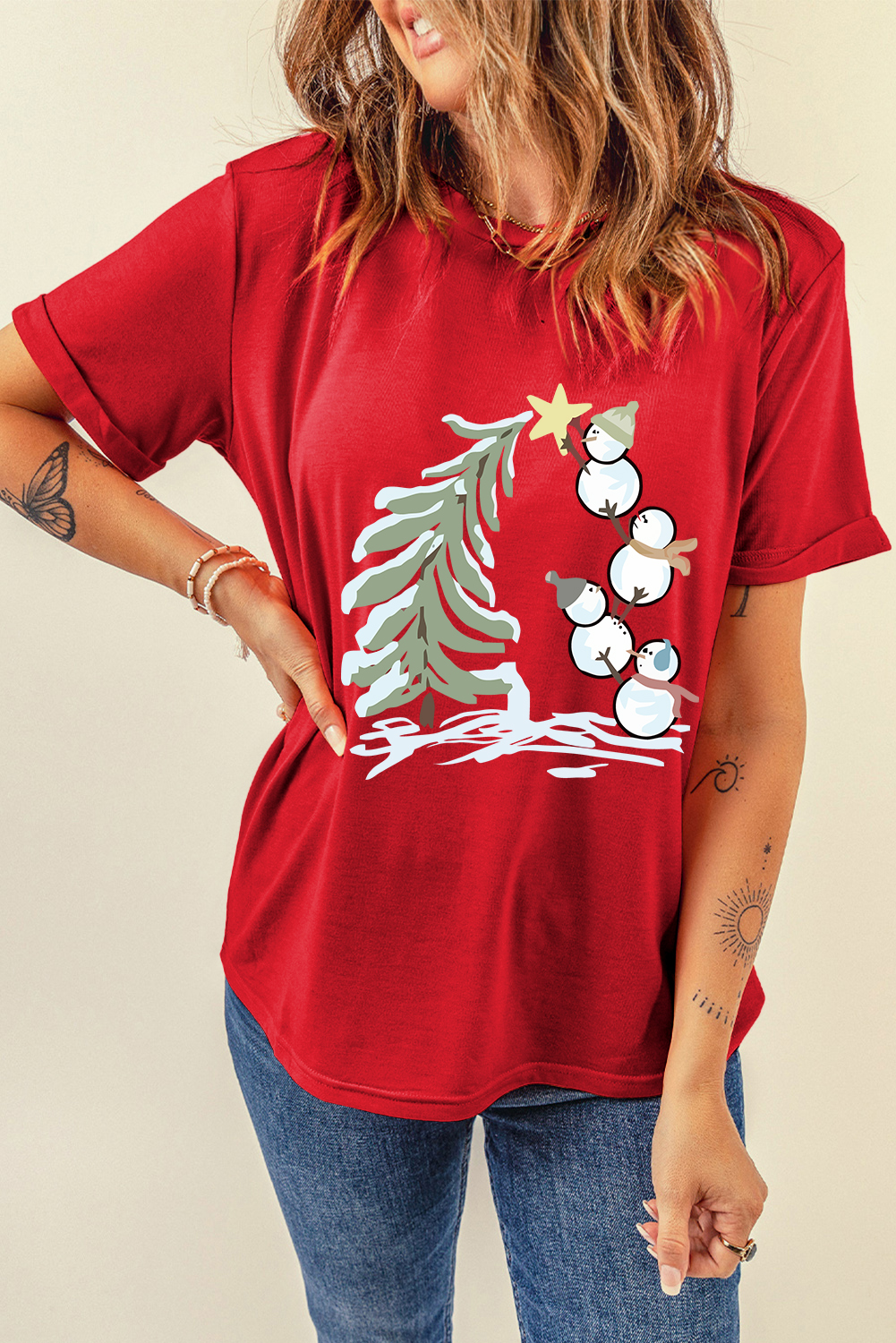Red Christmas Tree Snowman Printed Crewneck T Shirt - loveforevers