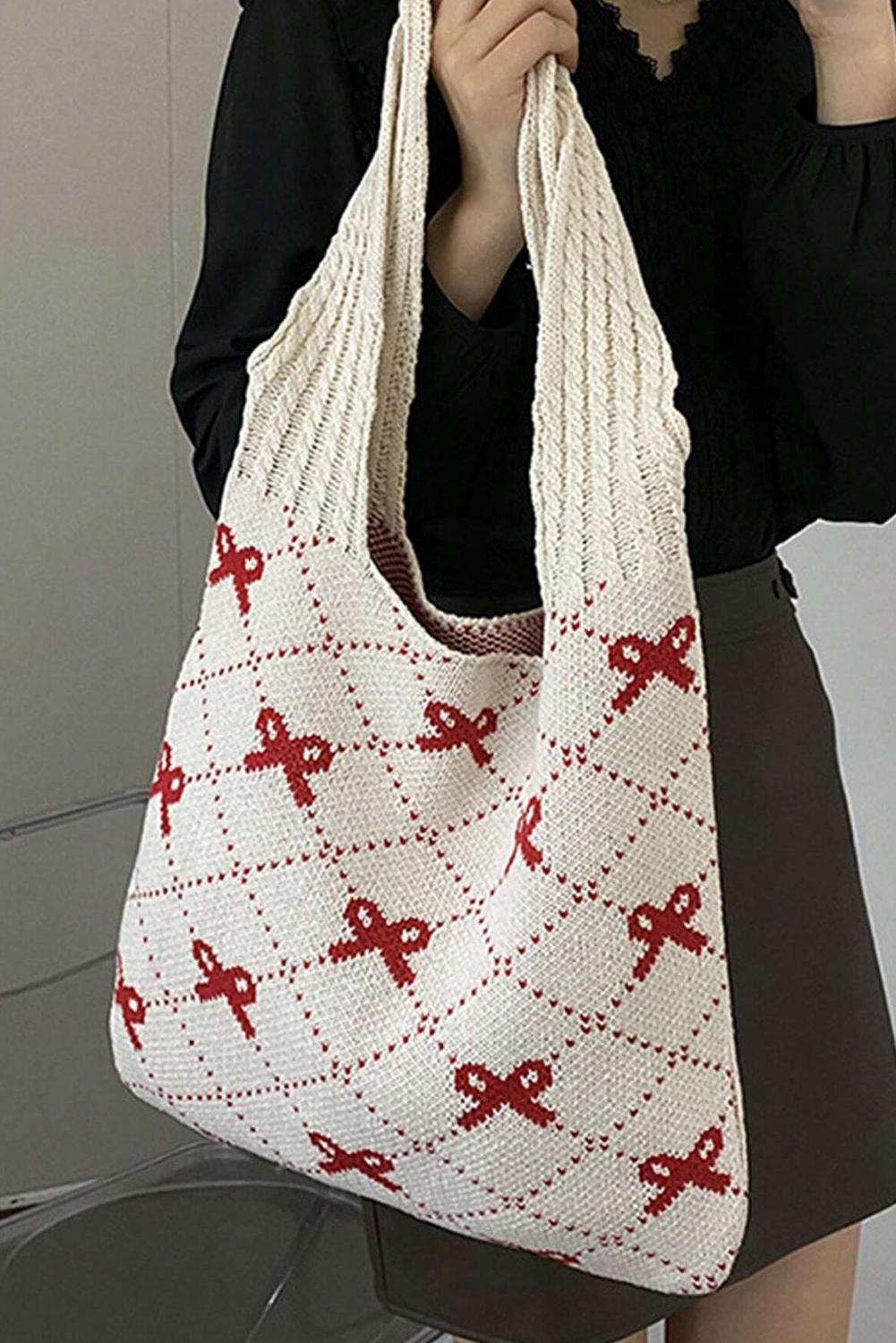 Fiery Red Bow Argyle Pattern Cable Knit Handle Tote Bag - loveforevers