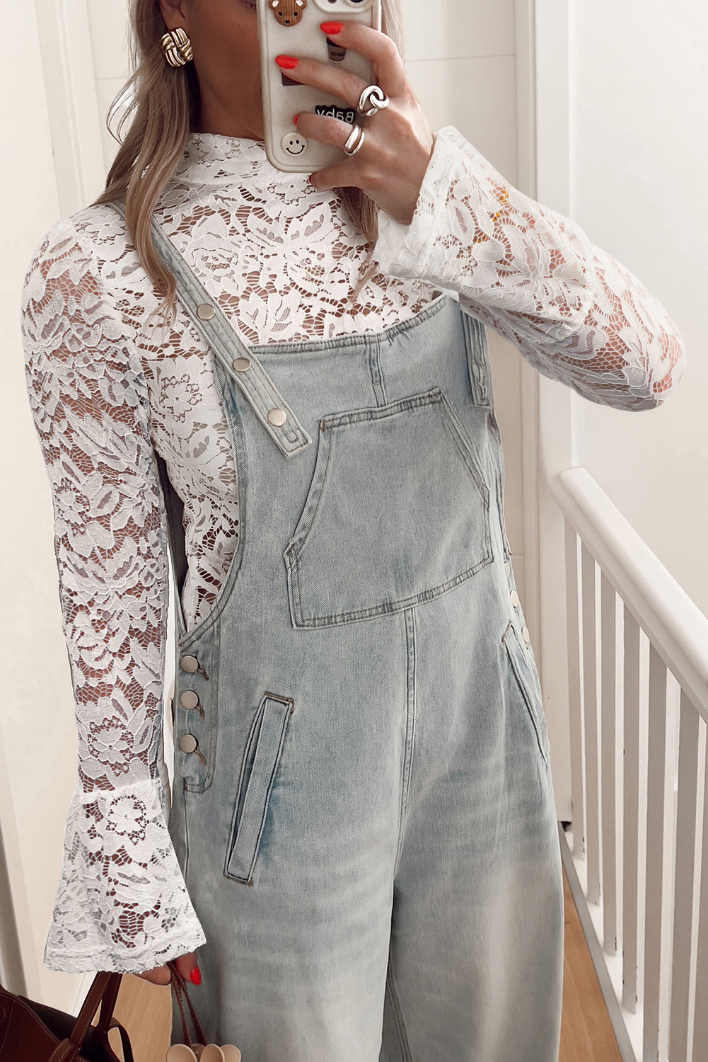 White Lace Crochet Bell Sleeve Mock Neck Blouse - loveforevers