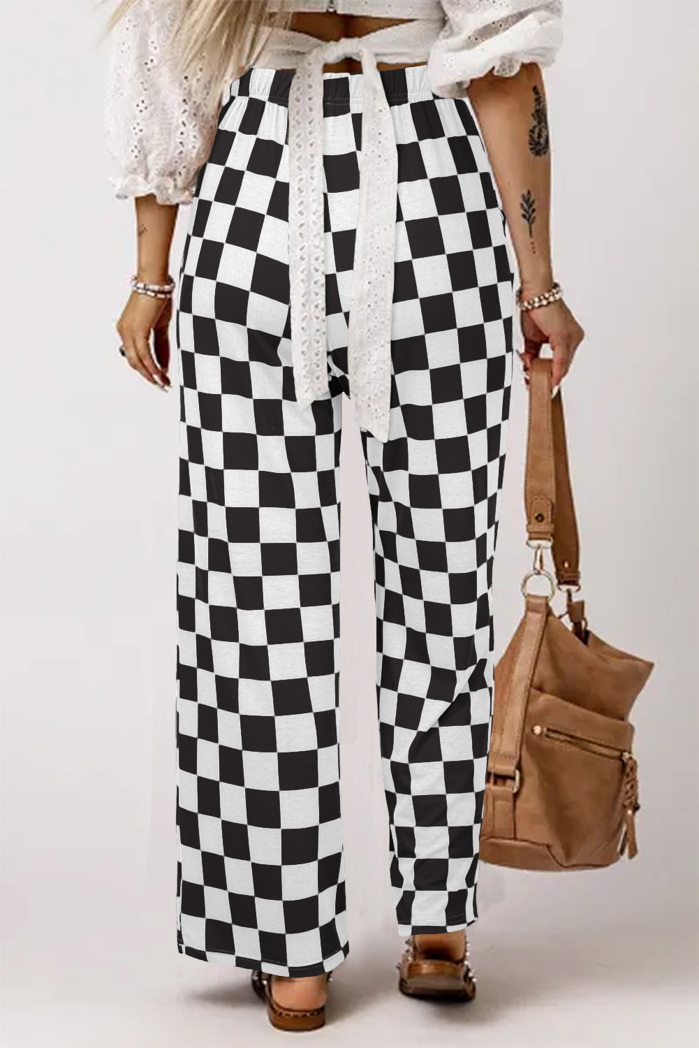 Black 2-Tone Checked Print High Waist Wide Leg Pants - loveforevers