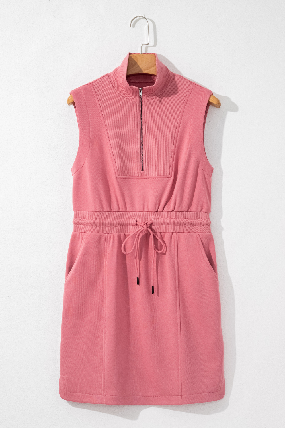 Black French Terry Zipped Collar Sleeveless Drawstring Waist Mini Dress - loveforevers