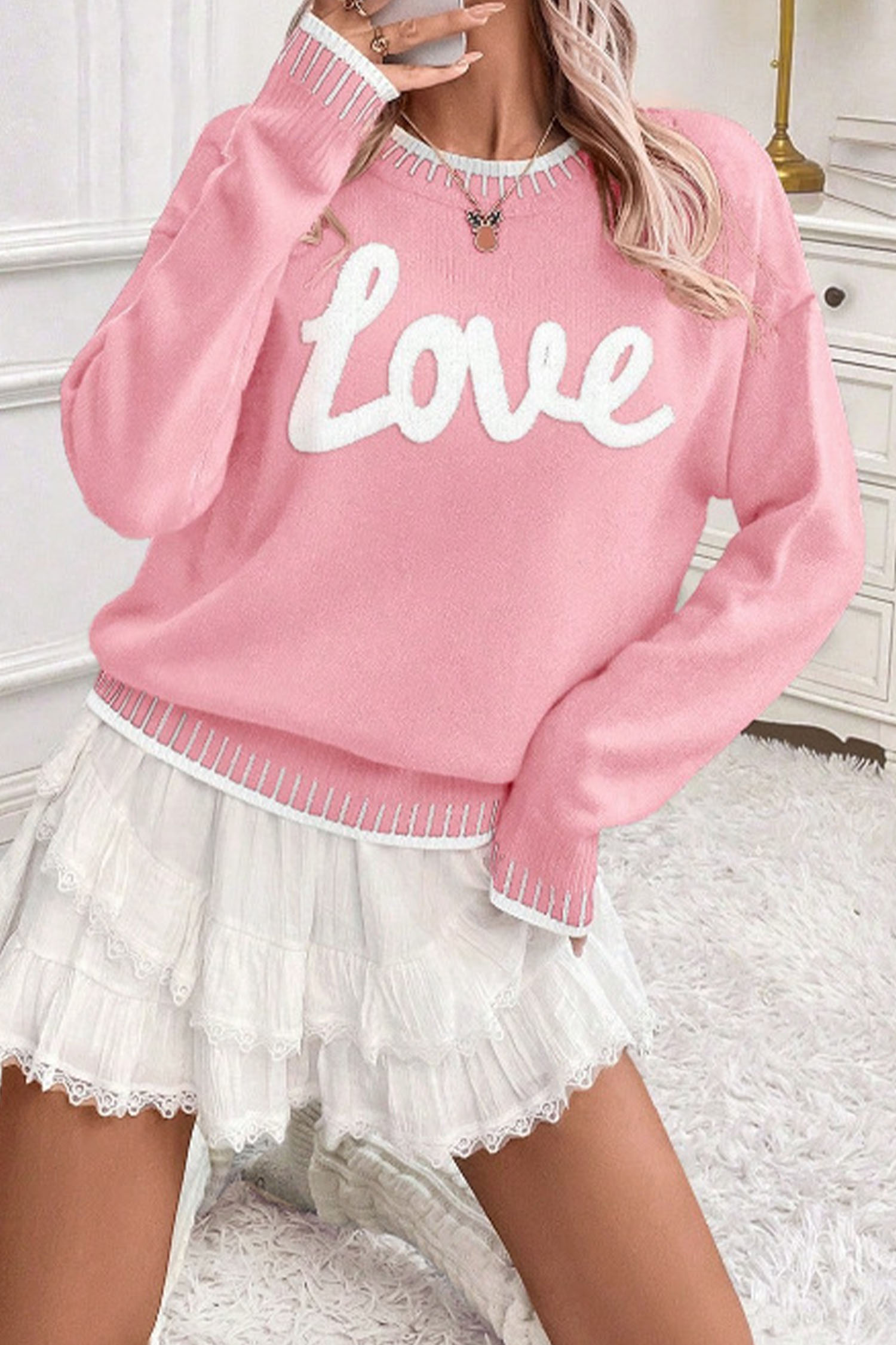 Light Blue Valentine Love Chenille Letter Graphic Sweater - loveforevers