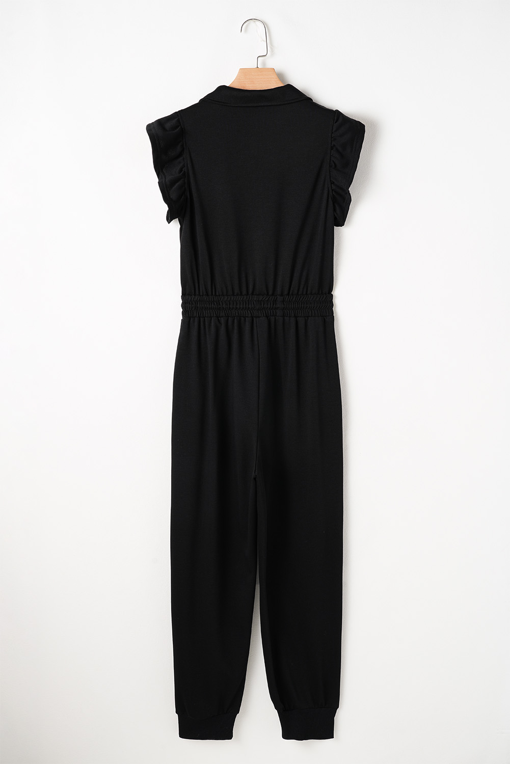 Black Zipper Flutter Sleeve Drawstring Elastic Waistband Jumpsuit - loveforevers