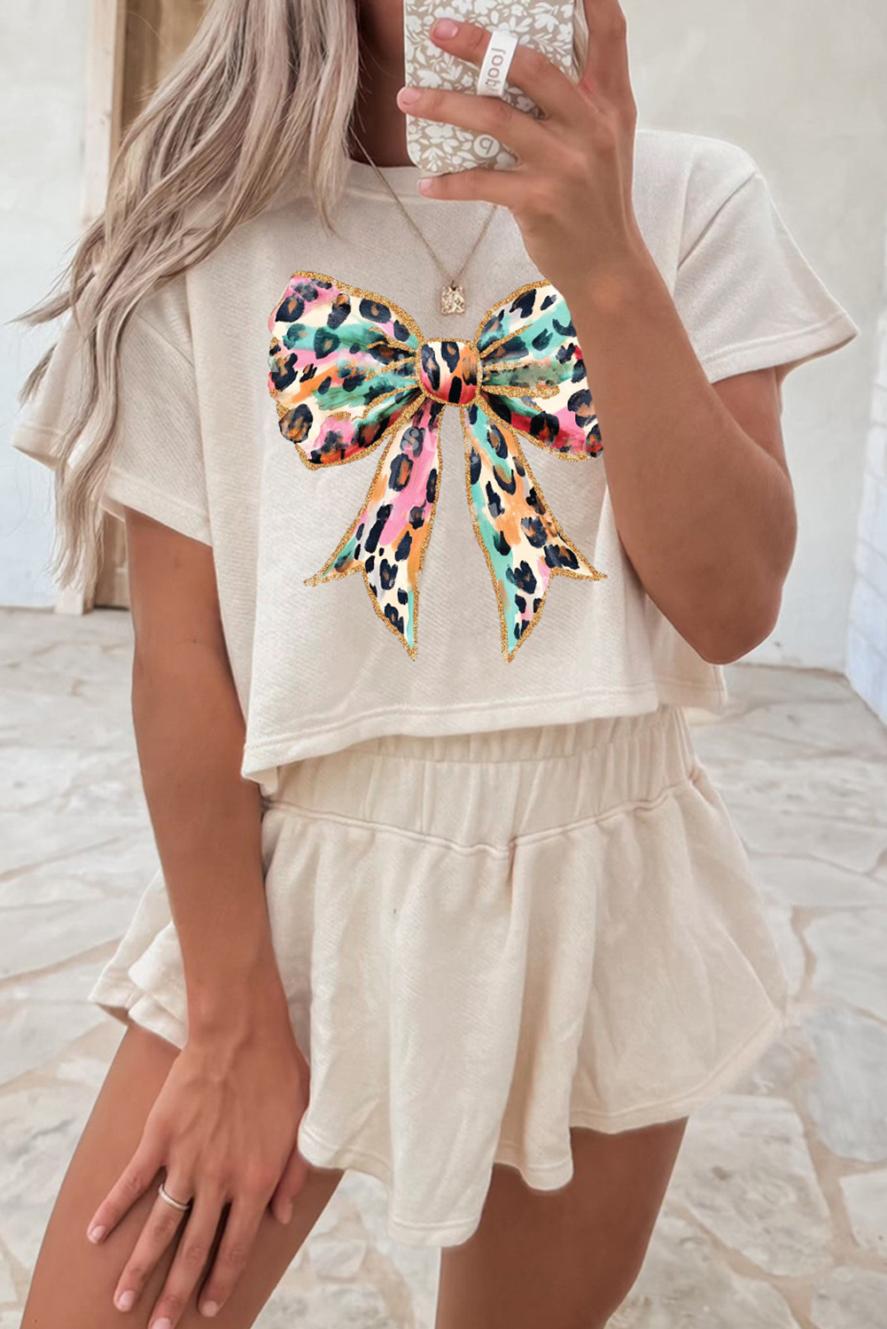 Beige Bold Leopard Bow Print Loose Tee and Skort 2pcs Set - loveforevers