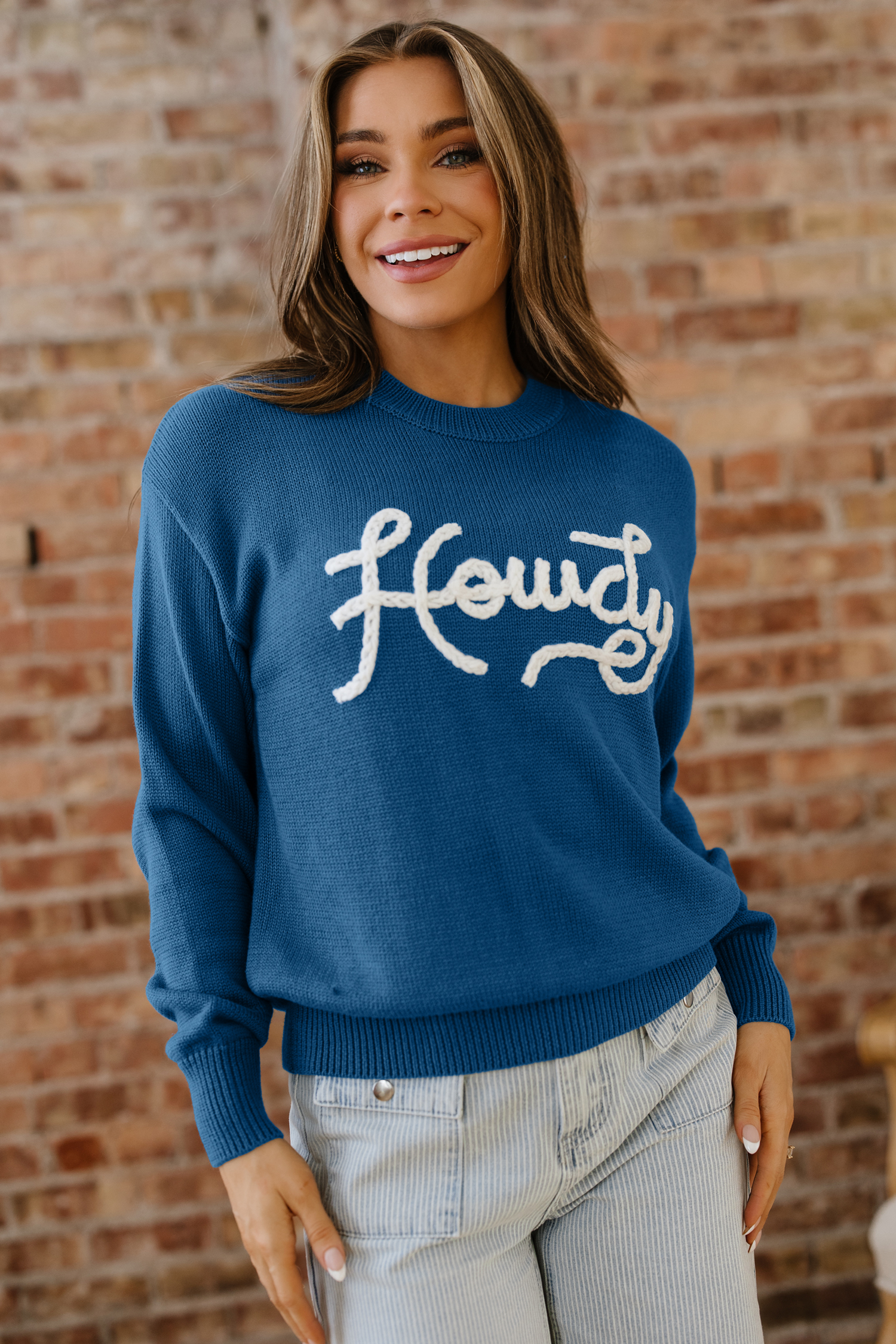 Dusk Blue Howdy Embroidered Graphic Western Sweater - loveforevers