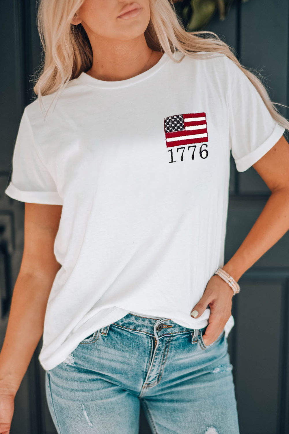 White American Flag 1776 Embroidered Pattern Crew Neck Tee - loveforevers