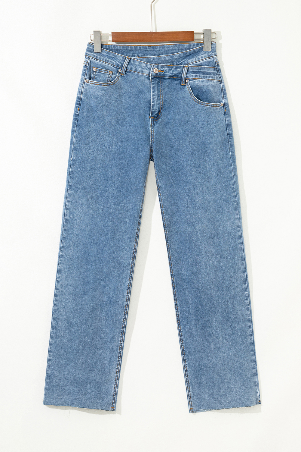 Blue Mid Rise Asymmetrical Waist Wide Leg Jeans - loveforevers