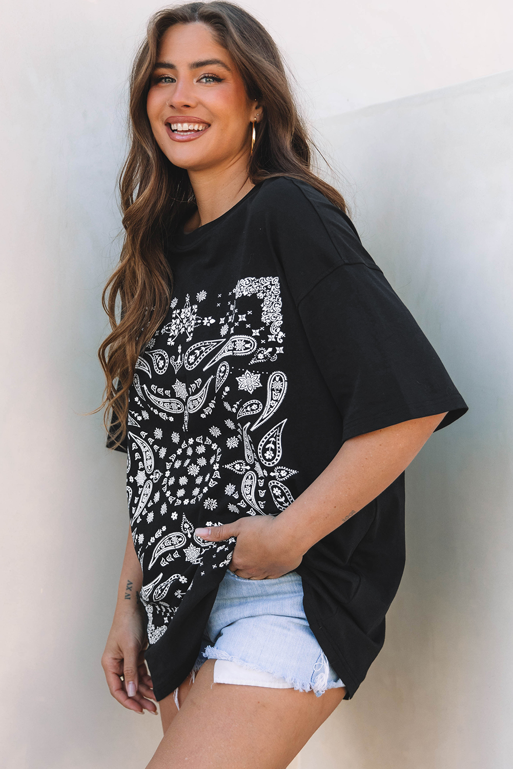 Black Paisley Print Crew Neck Loose Fit Tunic Tee - loveforevers