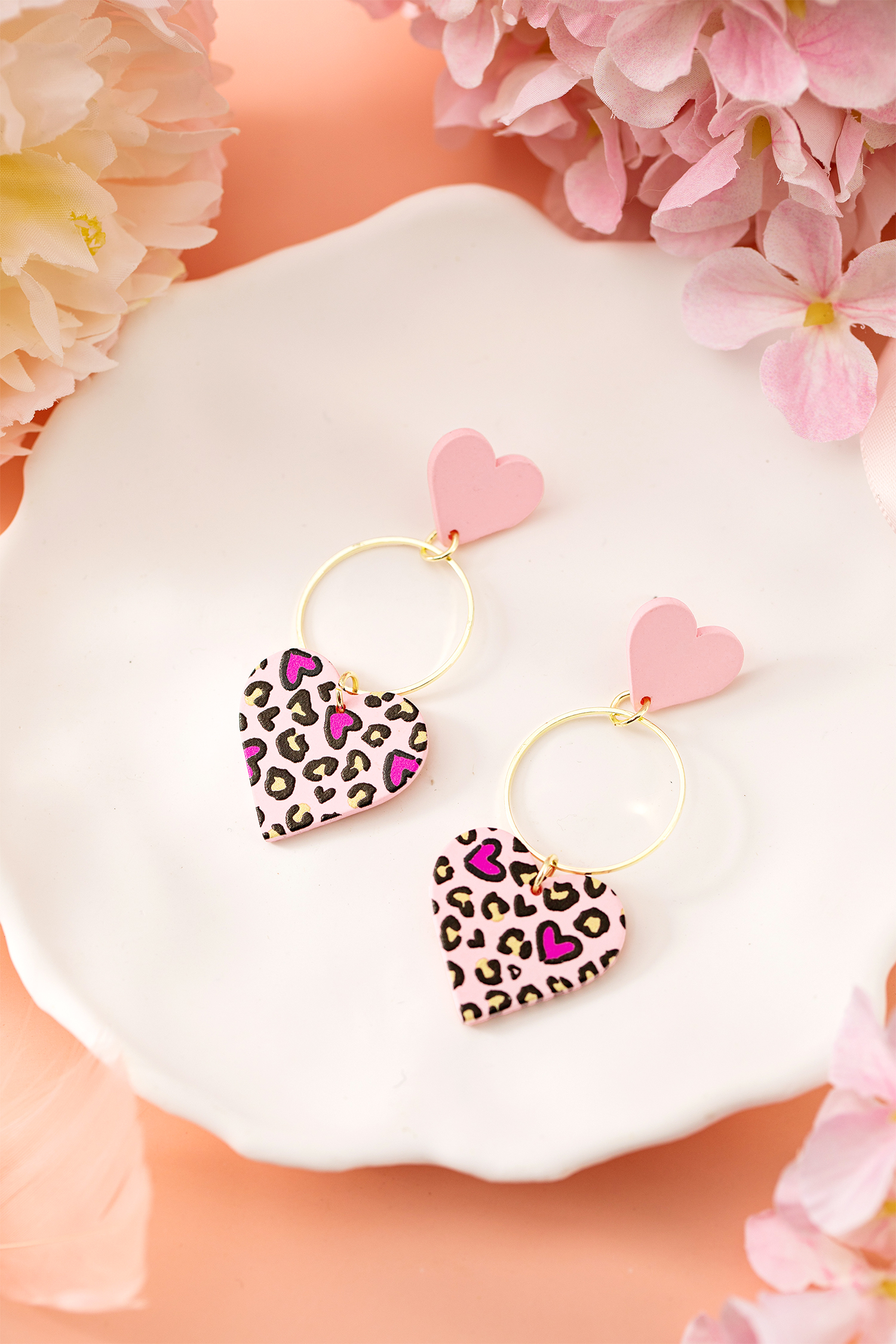 Pink Leopard Double Heart Golden Hoop Dangle Earrings - loveforevers