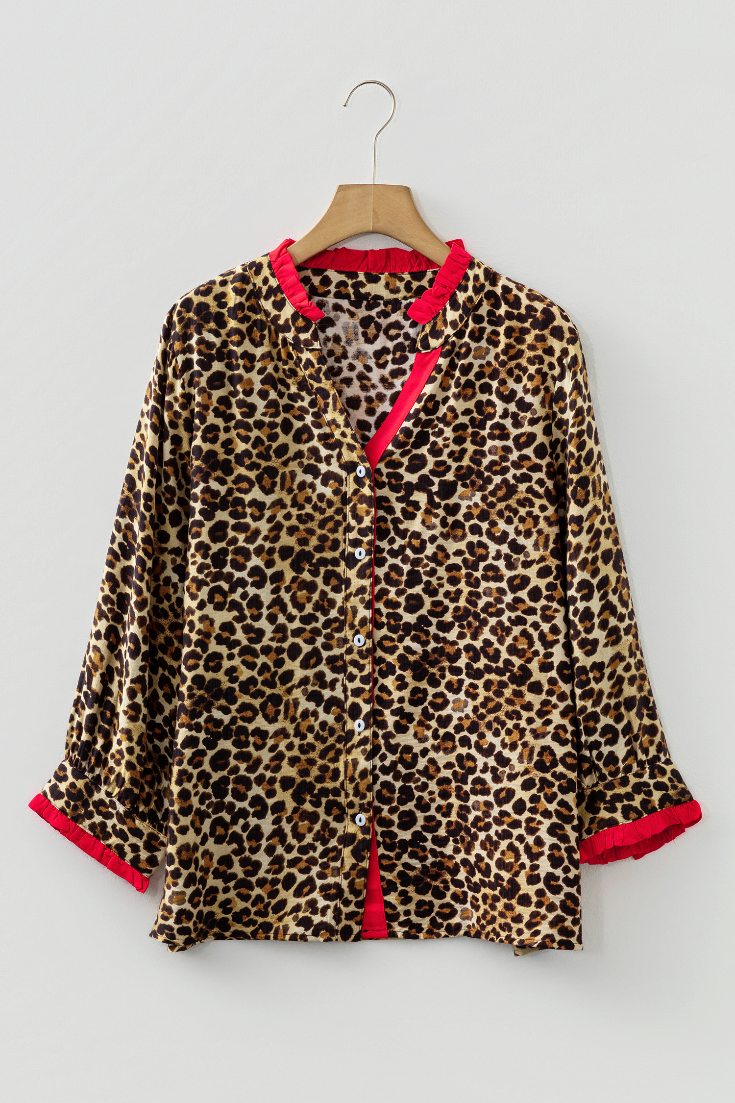 Brown Fierce Leopard Allure Contrast Ruffle Trim V Neck Shirt - loveforevers