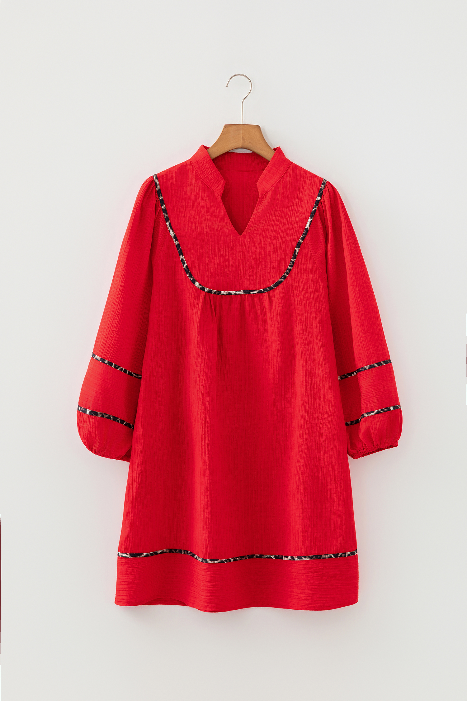 Fiery Red Textured V Neck Leopard Contrasted Trim Long Sleeve Shift Mini Dress - loveforevers