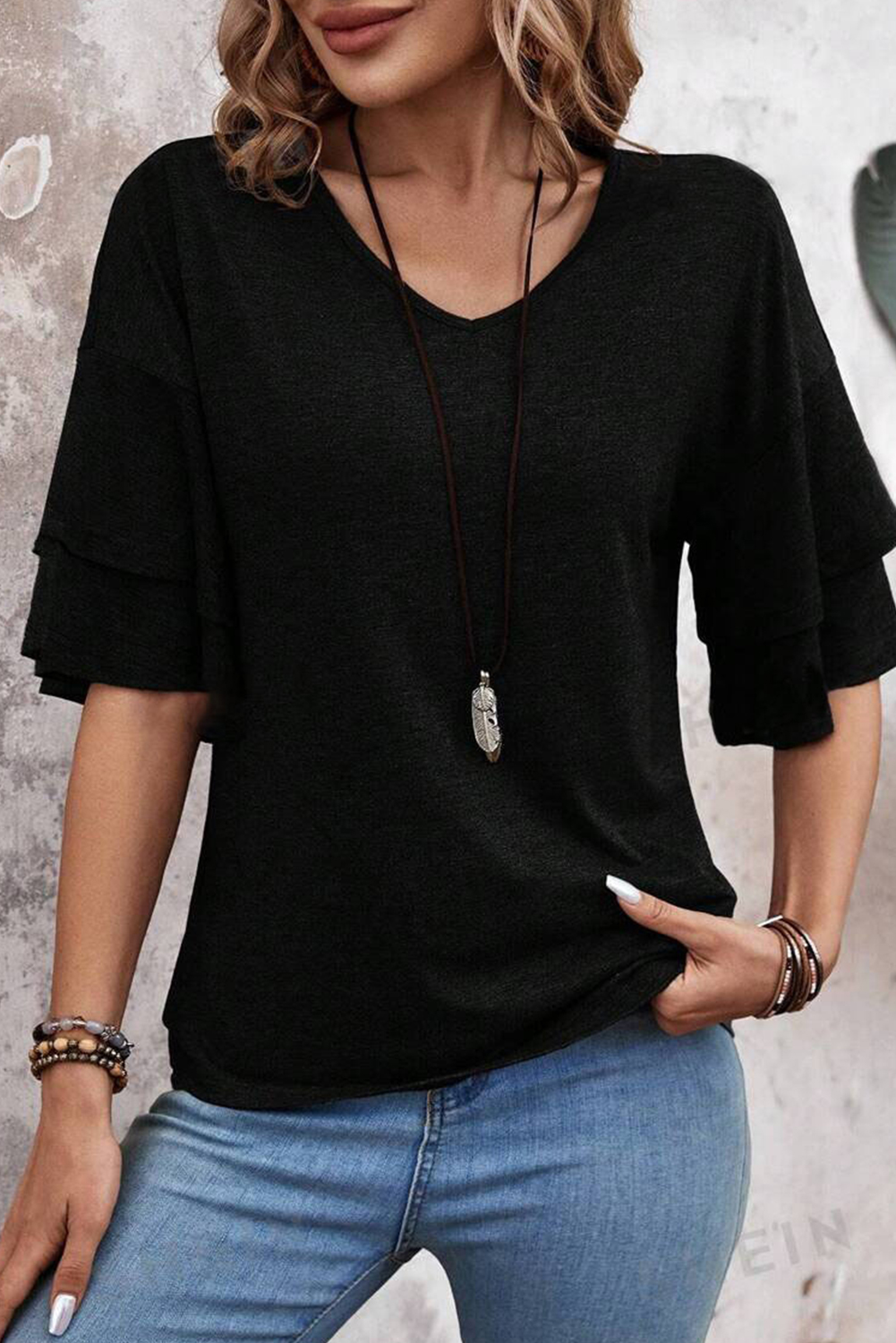 Sail Blue Solid Colour V-Neck Double Layer Sleeve Loose T-Shirt - loveforevers