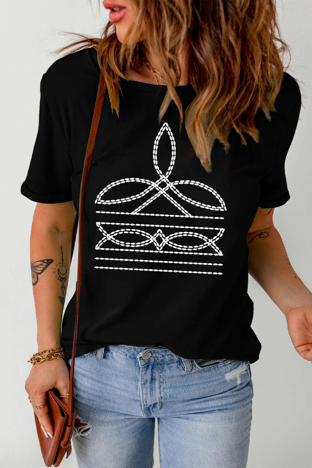 Black Western Pattern Print Slim Fit Crew Neck T Shirt - loveforevers