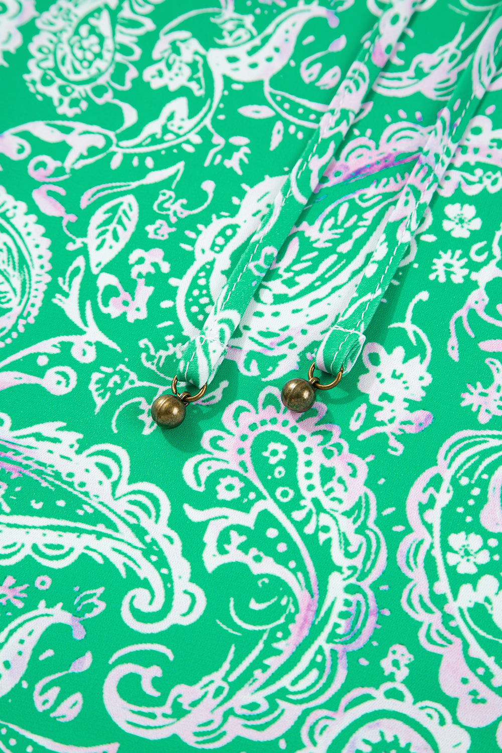 Green Paisley Print Long Sleeve Button Front Tied Waist Mini Dress - loveforevers
