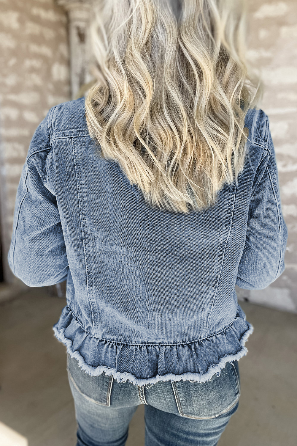 Beau Blue Ruffle Raw Hem Flap Pockets Denim Jacket - loveforevers