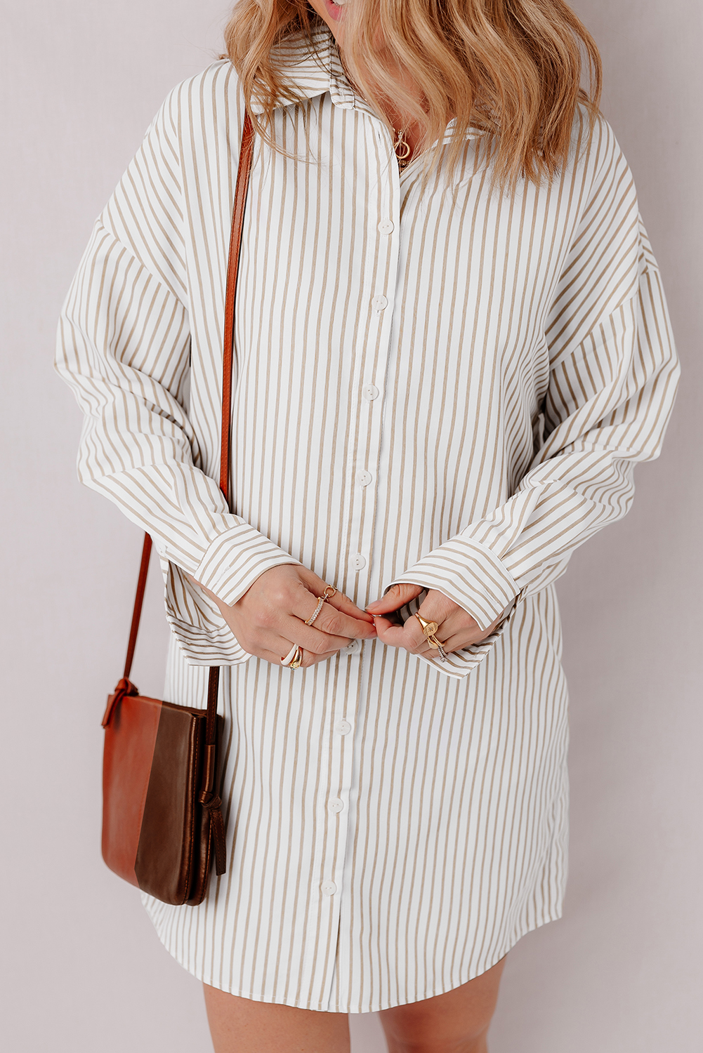 Khaki Stripe Long Sleeve Button Up Mini Shirt Dress - loveforevers