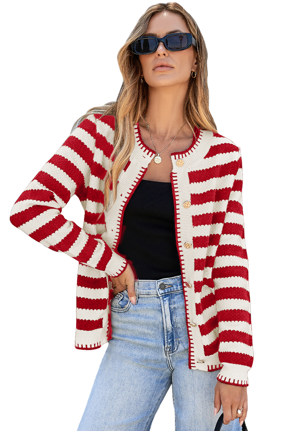 Red Stripe Chic Golden Button Cardigan Sweater - loveforevers