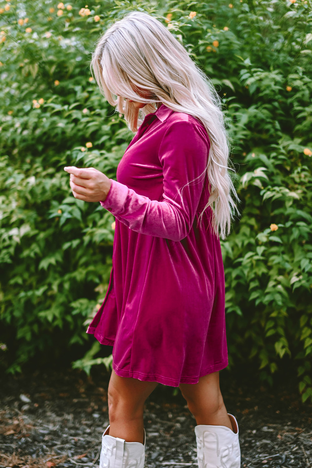 Fiery Red Long Sleeve Ruffle Velvet Button Up Dress - loveforevers