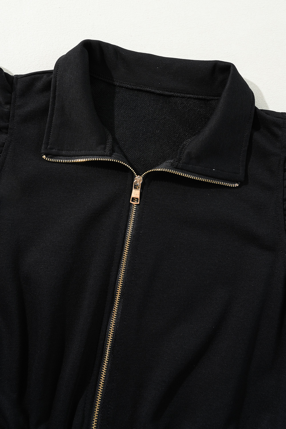 Black Zipper Flutter Sleeve Drawstring Elastic Waistband Jumpsuit - loveforevers