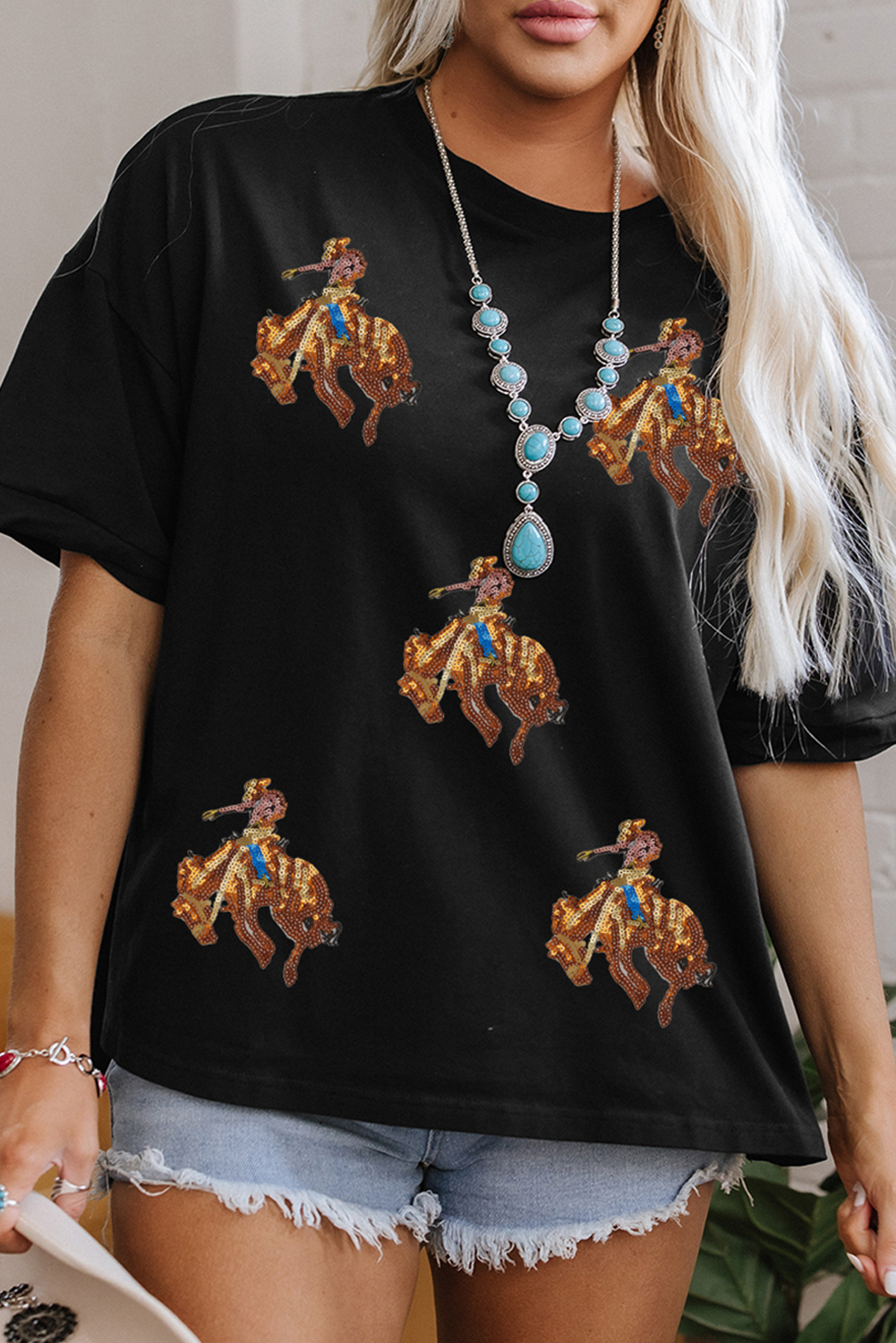 Black Western Horse Patched Crew Neck Graphic T Shirt - loveforevers