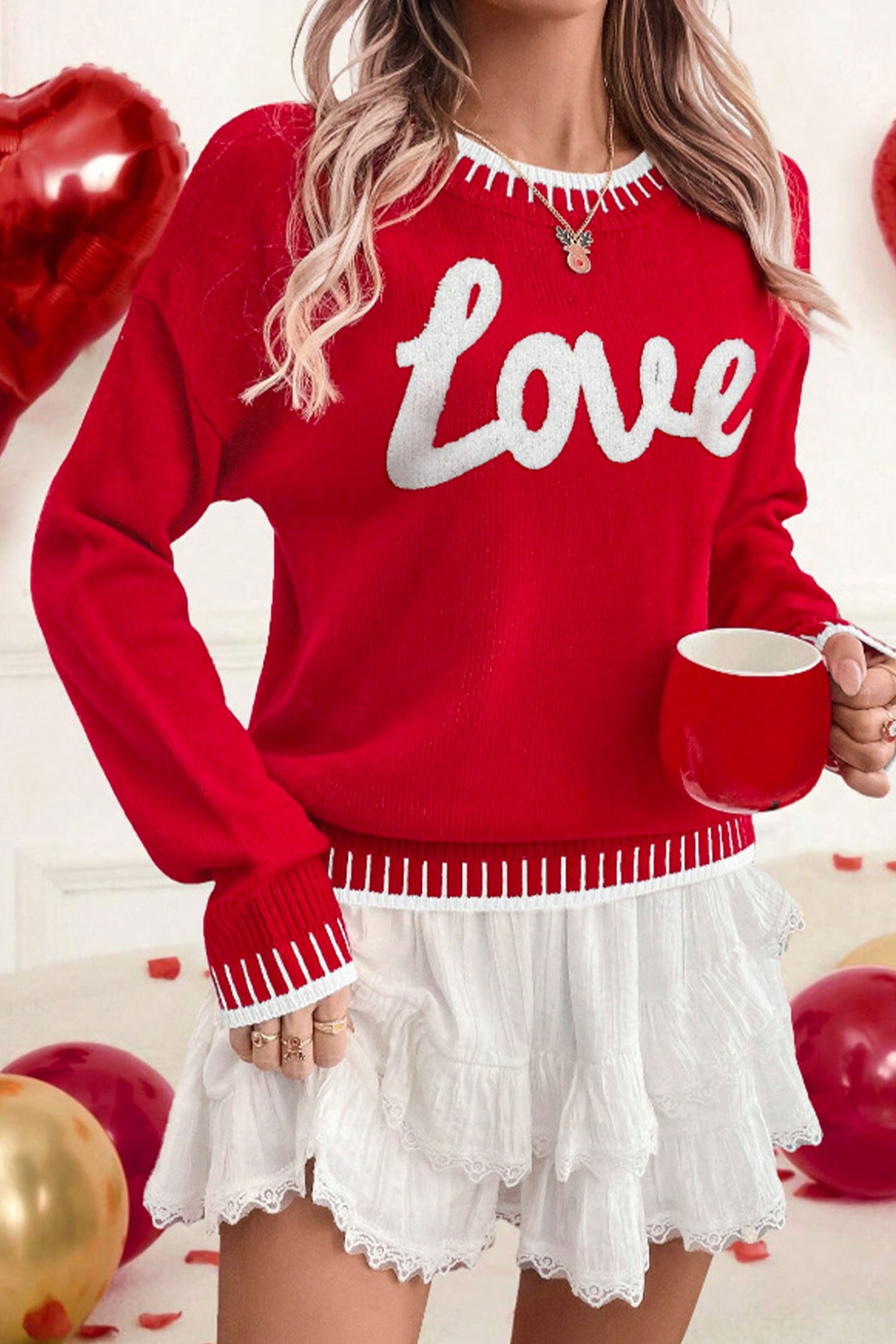 Light Blue Valentine Love Chenille Letter Graphic Sweater - loveforevers