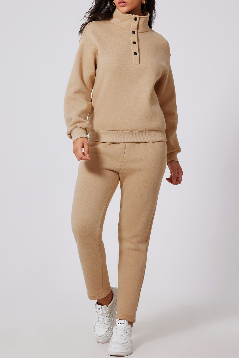 Parchment Solid Half Button Sweatshirt and High Waist Sweatpants Set - loveforevers