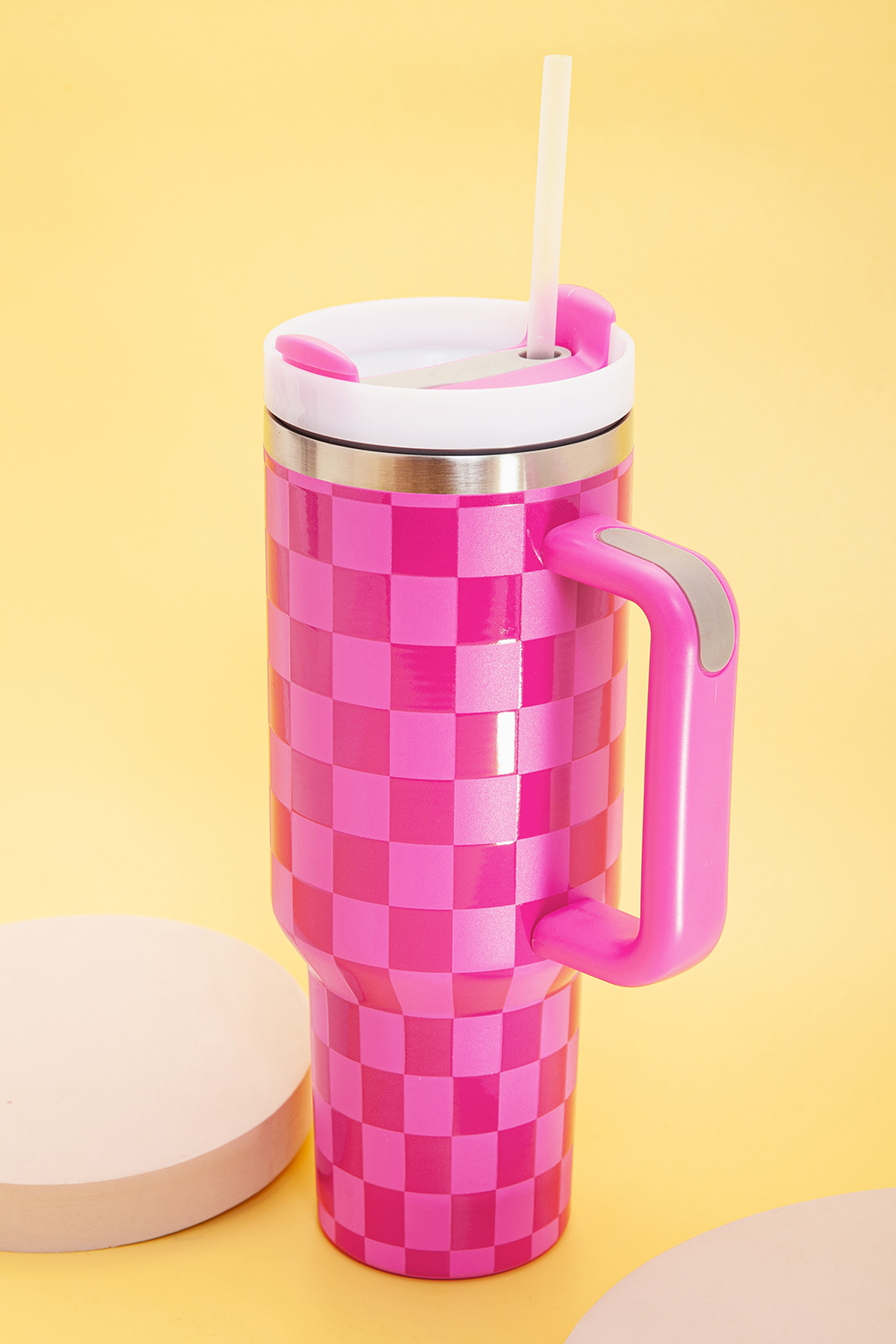 Bright Pink Checkered Print Handled Stainless Steel Tumbler Cup 40oz - loveforevers