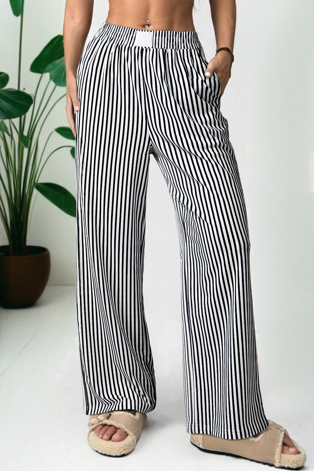 Brown Stripe Elastic High Waist Pocketed Loose Pants - loveforevers