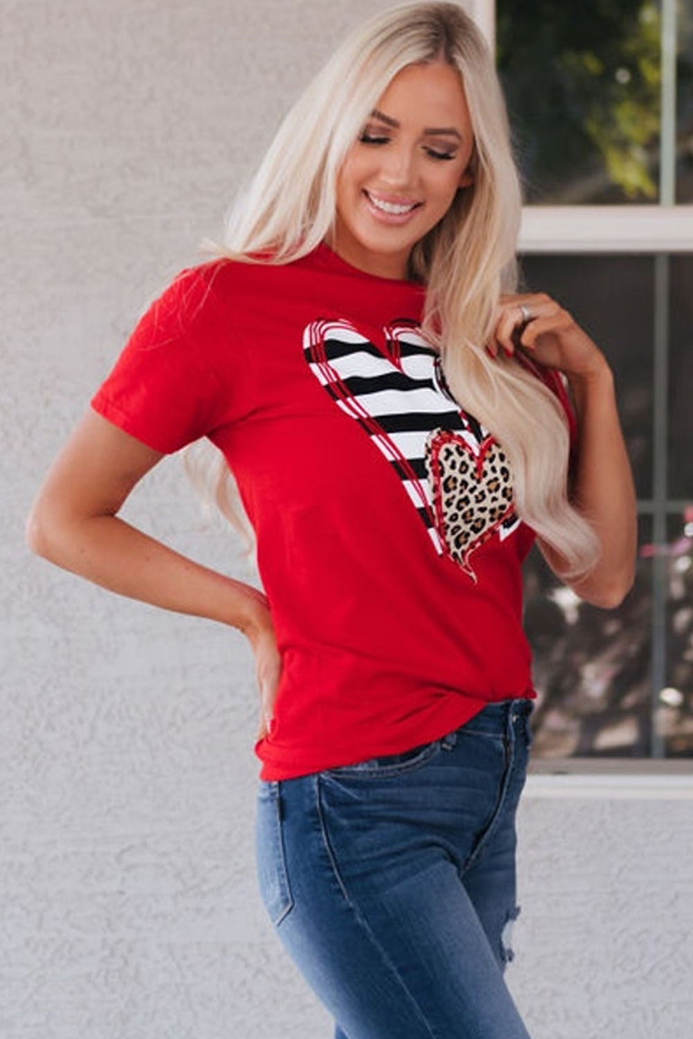 Red Leopard Striped Heart Shaped Print Crew Neck T Shirt - loveforevers
