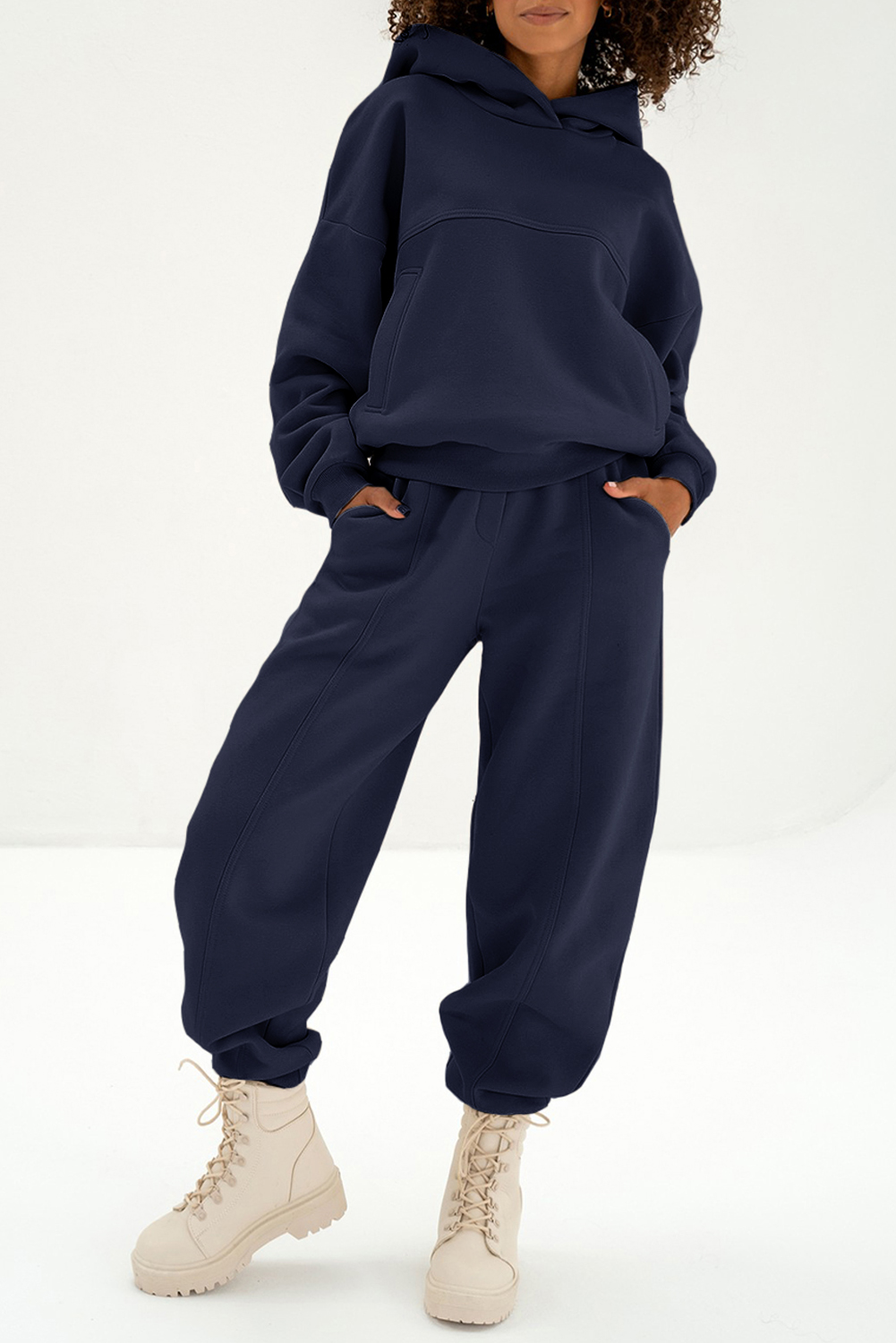 Navy Blue Solid Exposed Seams Hoodie and Joggers Activewear Set - loveforevers
