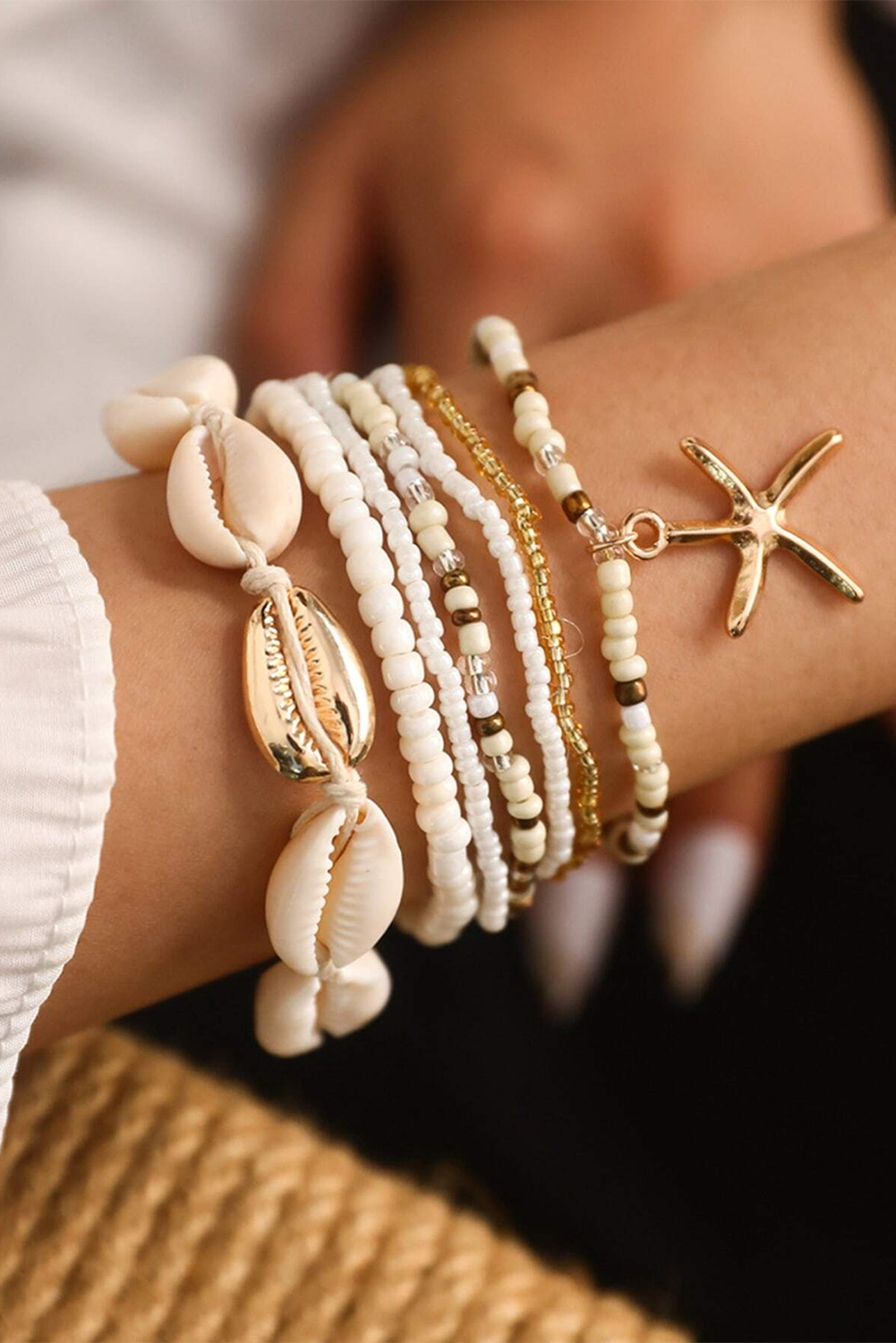 White Starfish Shell Decor Multi Layer Beaded Bracelet Set - loveforevers