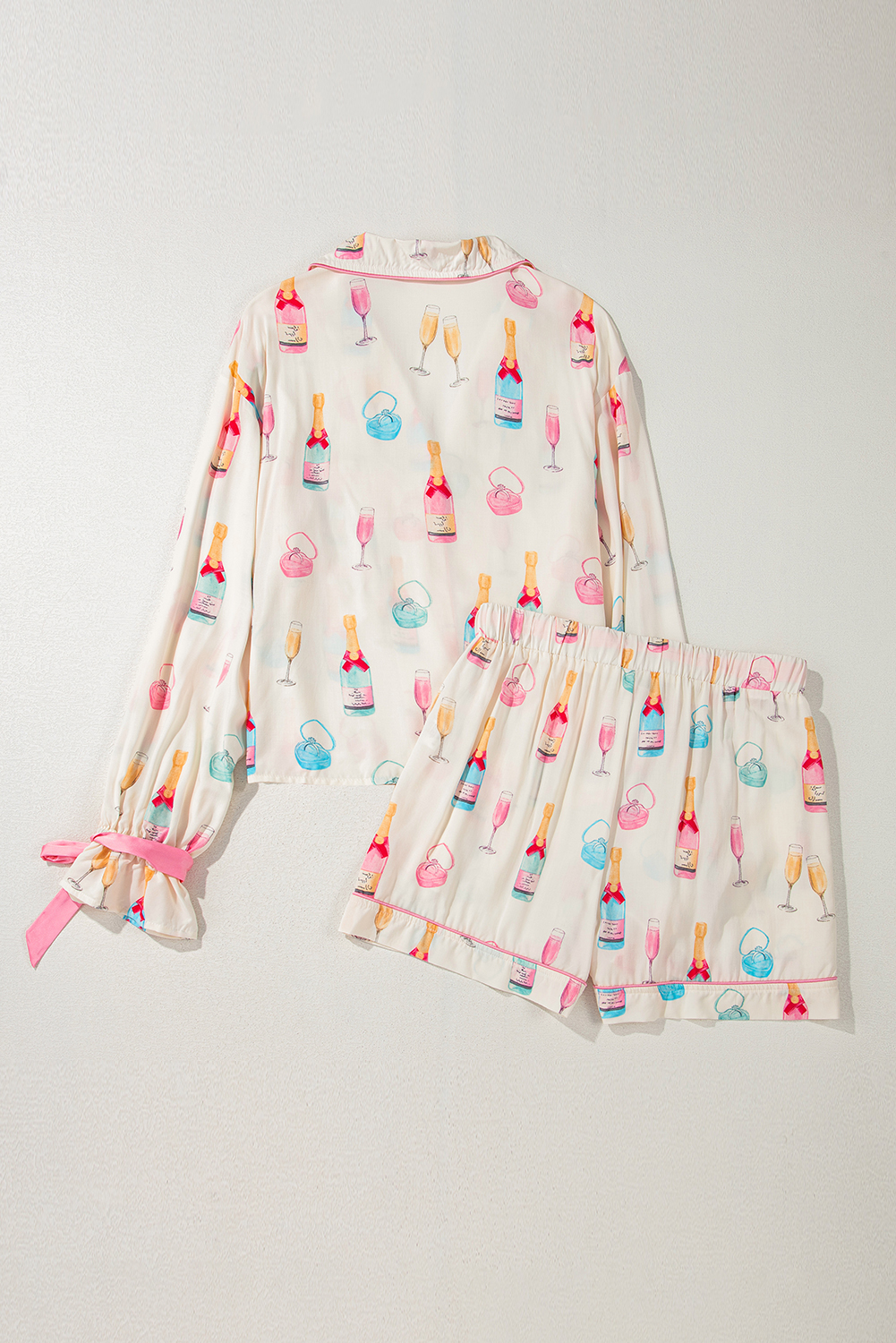 White Christmas Wine Glass Print Bow Knot Two Piece Pajama Set - loveforevers