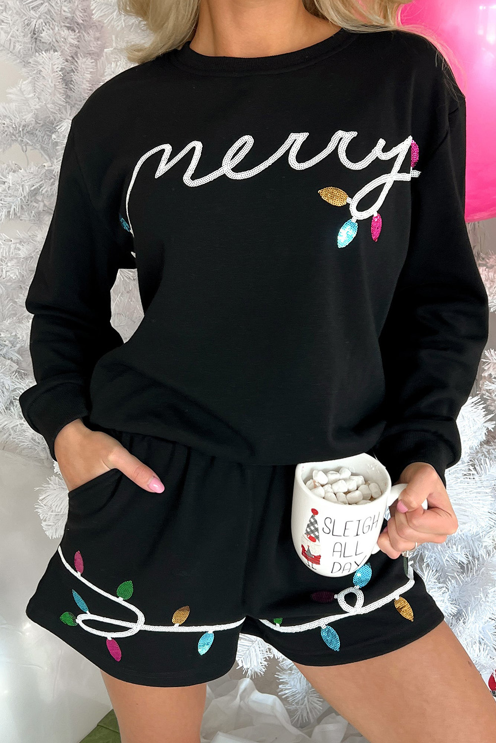 Black Sequin Merry Graphic Pullover and Shorts Outfit - loveforevers