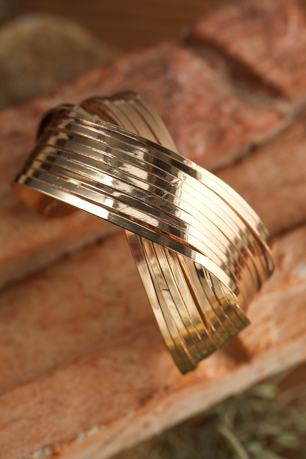 Gold Textured Crossover Metal Cuff Bracelet - loveforevers