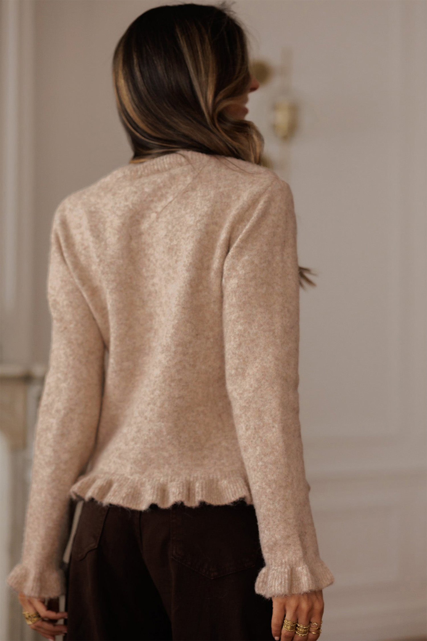 Oatmeal Ruffle Trim Gold Button Sweater Cardigan - loveforevers