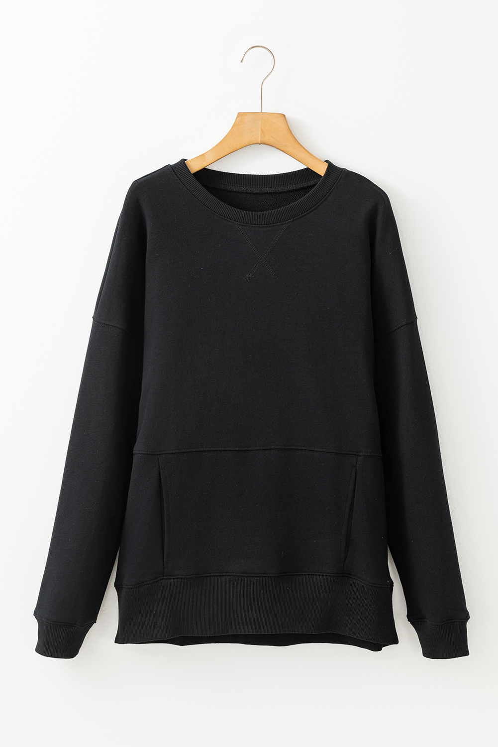 Black Drop Shoulder Crisscross Stitching Pocketed Loose Sweatshirt - loveforevers
