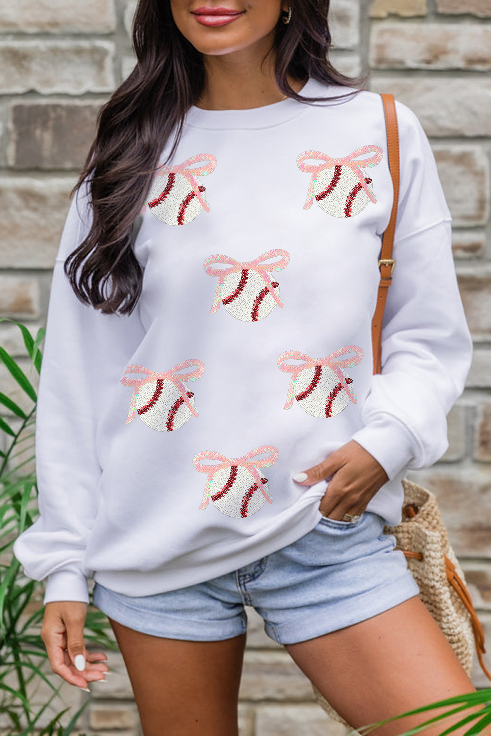 White Sequin Bow Baseball Patched Casual Sweatshirt - loveforevers