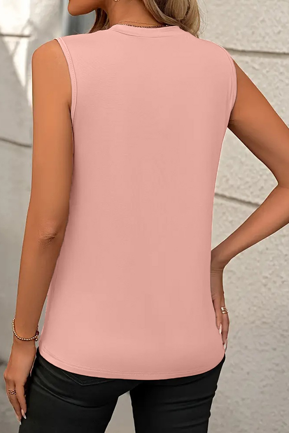 Light Pink Crew Neck Pleated Tank Top - loveforevers