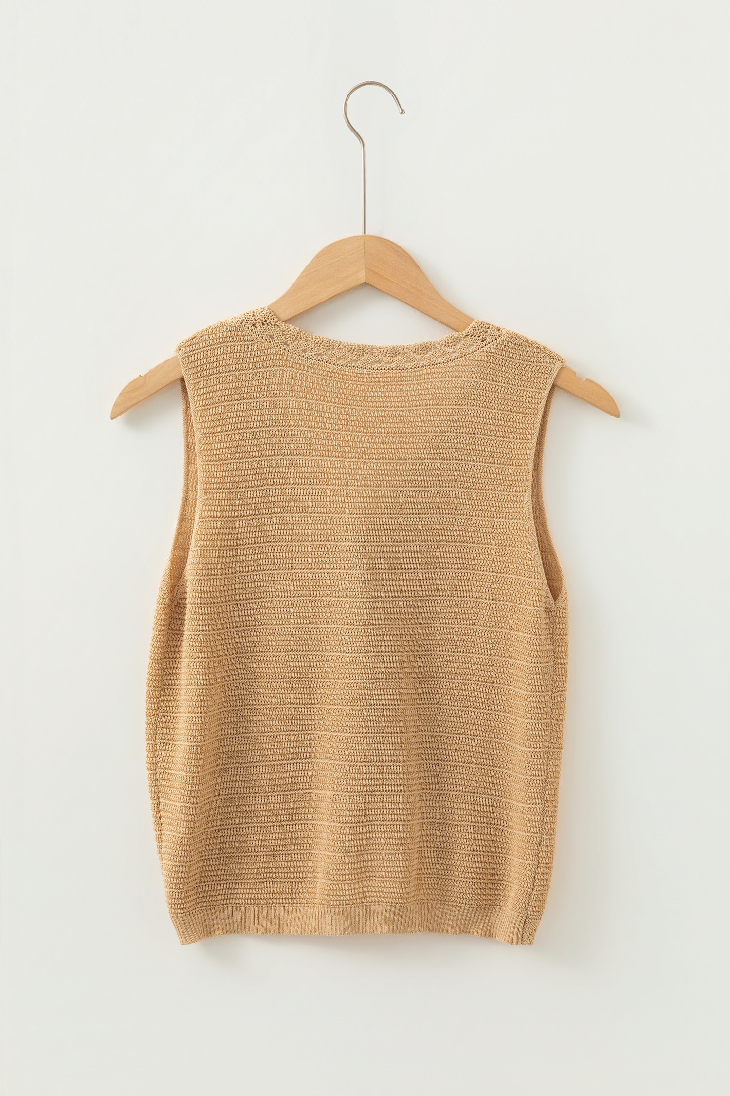 Pale Khaki Hollow out Trim Buttoned Front Boho Sweater Vest - loveforevers