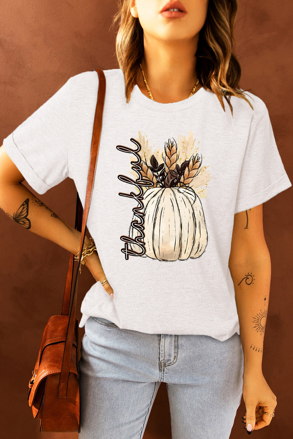 White Harvest Pumpkin Graphic Thanksgiving Tee - loveforevers