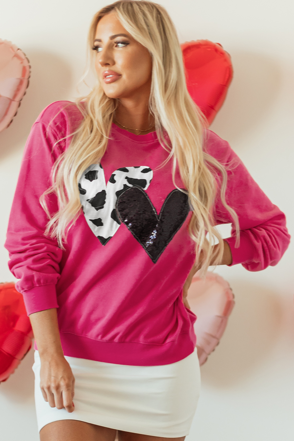 Strawberry Pink Cow & Sequin Double Heart Patch Graphic Sweatshirt - loveforevers
