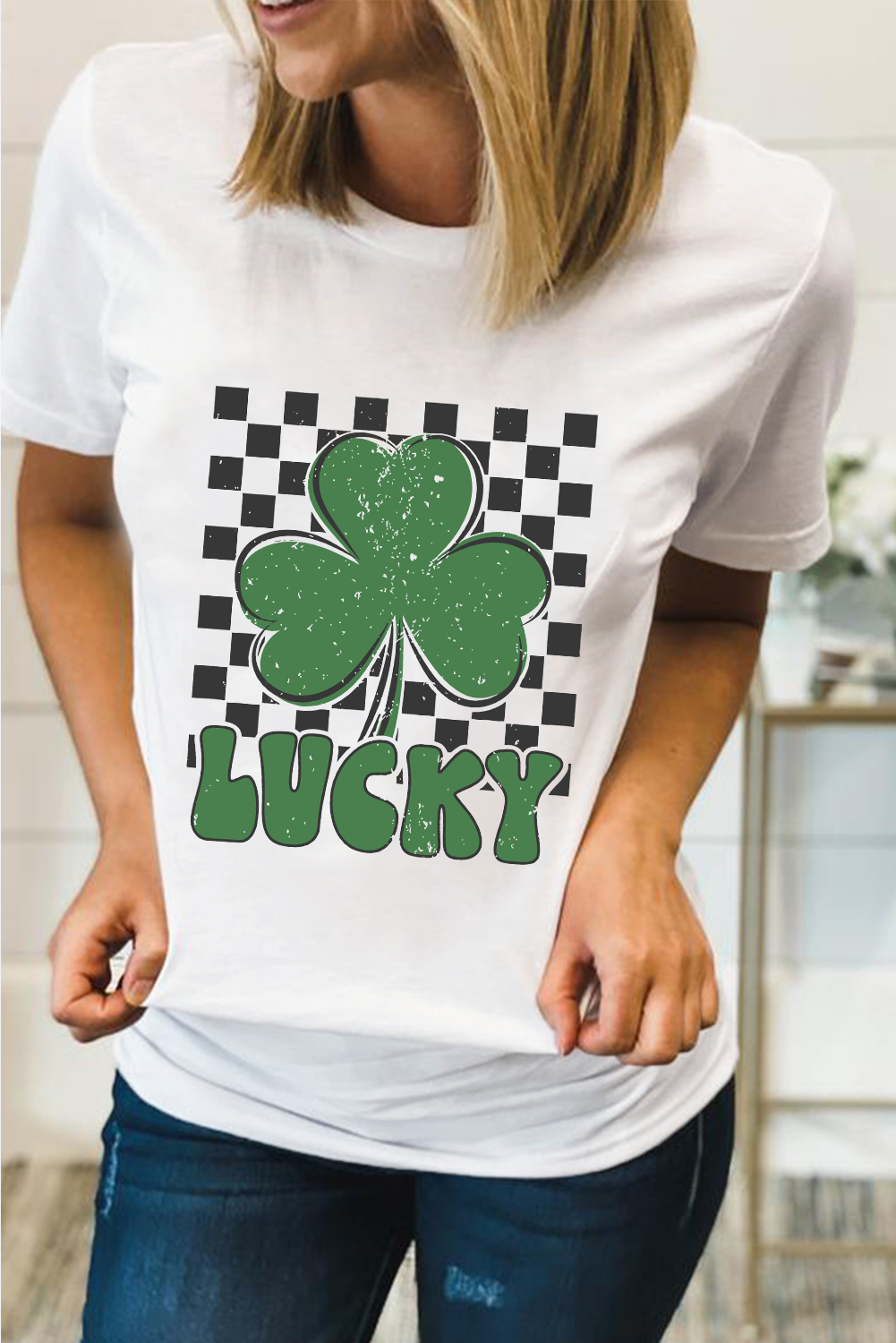 White Checker LUCKY Clover Printed St Patricks T Shirt - loveforevers