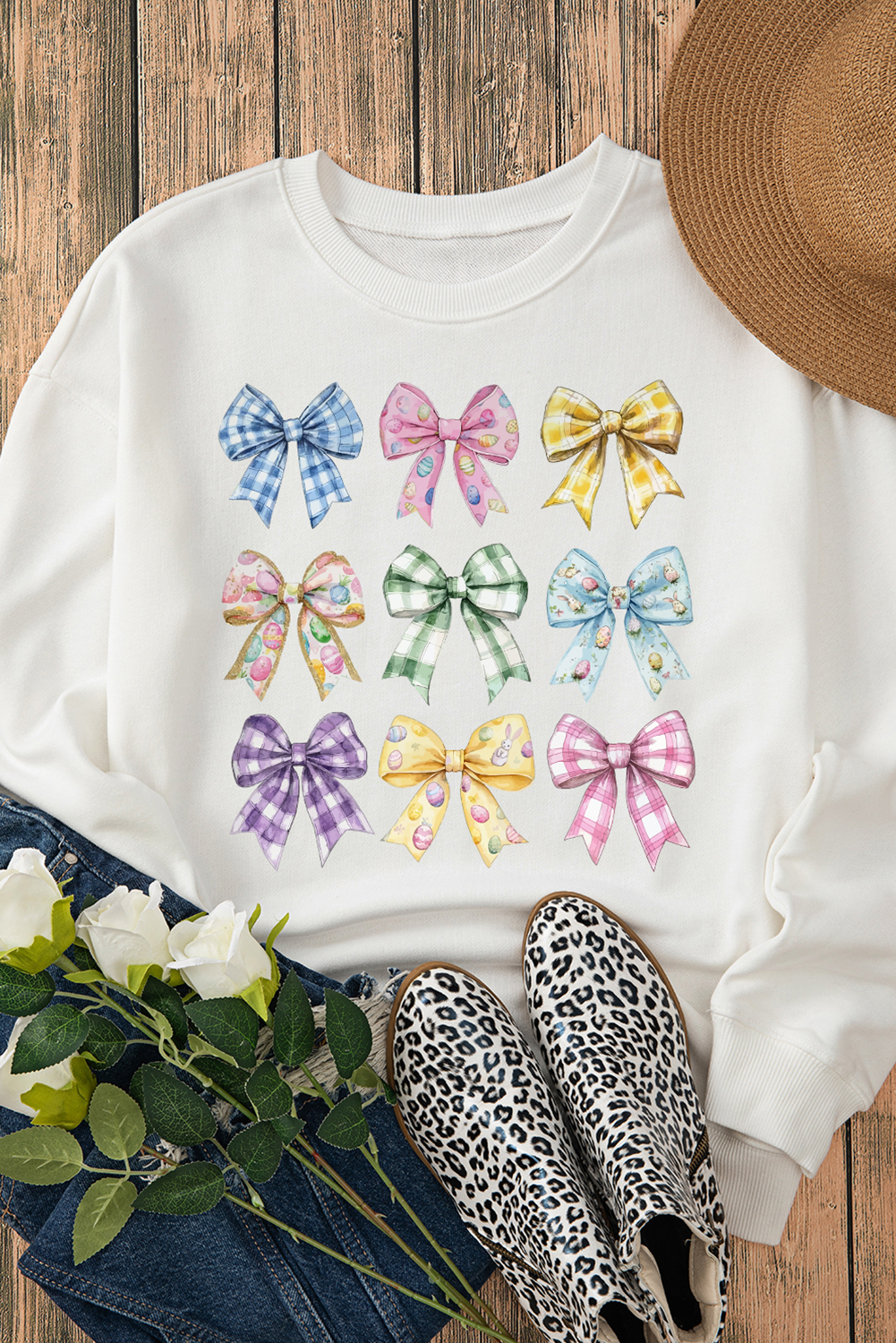 White Easter Eggs Plaid Bow Graphic Drop Shoulder Sweatshirt - loveforevers