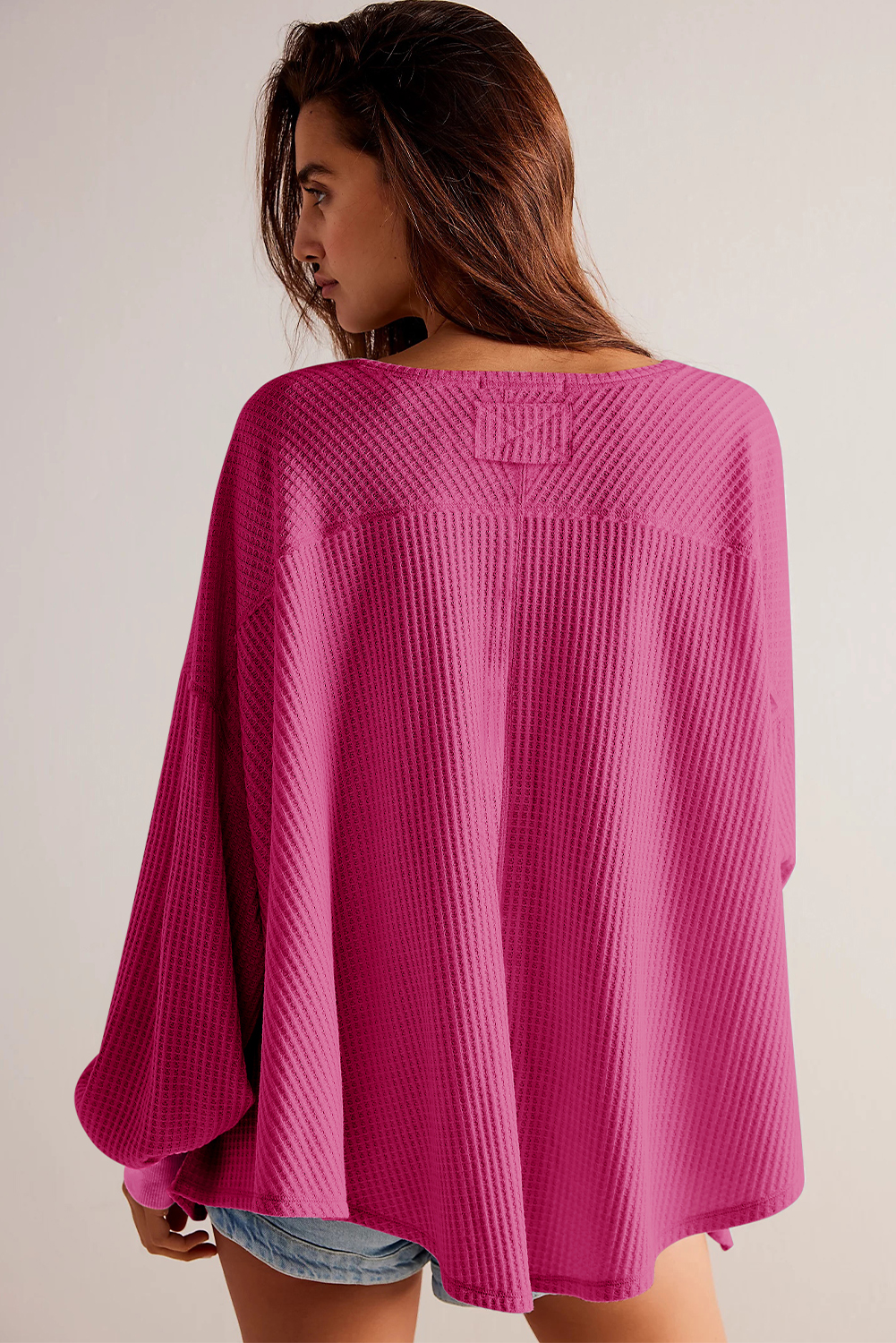 Light Pink Waffle V Neck Long Sleeve Drop Shoulder Loose Blouse - loveforevers