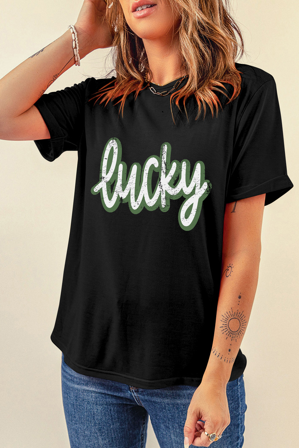 Black St Patricks Day lucky Cracked Letter Graphic T Shirt - loveforevers